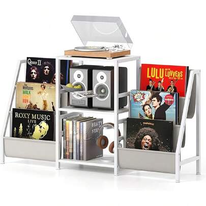 Record Player Stand With Vinyl Storage, Turntable Display Stand With 3 Shelves, 6 Storage Pockets & Metal Frame, Vinyl Record Table Stores Up To 200 Albums For Home, Studio & Cafe (White)