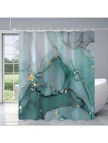 1/4 件套蓝绿色大理石纹浴室帘套装，防水浴帘配 12 个挂钩，U 型地垫，马桶盖套，L 型地垫，浴室配件，时尚浴室装饰 - 彩色 - 查看 22