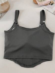 女士性感无袖刺绣露脐上衣，修身剪裁，甜美风格，适合夏季街头休闲穿着 - 灰色 - 查看 3