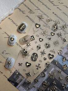 Beautizon Nailartlab 3D Gothic Style Nail Art Stickers | Silver Punk Cross Heart Star Pattern | DIY Self-Adhesive Nail Decals - Multicolor - View 3