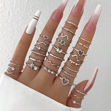 28pcs Gold Tone Stacking Rings Set - Heart, Star, Rhinestone, Wave Designs, Suitable For Women Everyday Jewelry Wear - 28-piece Set - View 4
