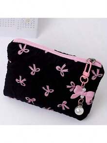 1pc Cute Bow And Heart-Shaped Makeup Bag With Wristband. Large Capacity Cosmetic Storage Bag And Travel Bag, Elegant Gold Hardware (Black/White/Pink) - Perfect Gift Idea, A Gift For Women ,Travel Essential Bag - Multicolor - View 6