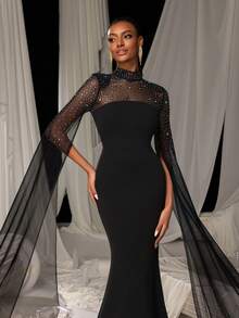 Faeriesty 优雅高领亮片晚礼服：长袖透视披肩连衣裙，全身刺绣串珠细节，美人鱼廓形，拖尾飘逸——是婚礼摄影、教堂仪式、正式晚宴、红毯派对的理想之选，春季黑色 - 黑色 - 查看 10