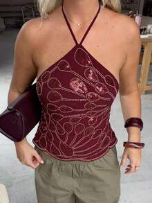 Women's Y2k Beaded Sequin Halter Tank Tops Sleeveless Back Tie Up Slim Fitted Backless Crop Vest Going Out Streetwear Party Concert Tops Clubwear - Màu Đỏ Sâu - Xem 3