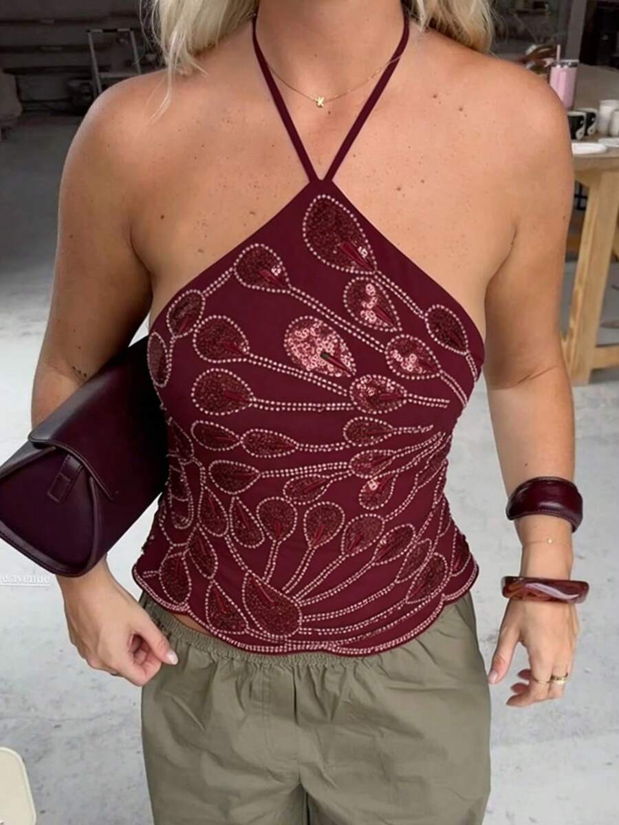 Women's Y2k Beaded Sequin Halter Tank Tops Sleeveless Back Tie Up Slim Fitted Backless Crop Vest Going Out Streetwear Party Concert Tops Clubwear - 酒紅色 - 查看 1