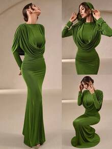 女士优雅绿色光滑亮泽修身长裙 - 采用垂褶领口、连帽设计和鱼尾裙摆，是伴娘、婚礼、下午茶、新年庆祝活动等春季场合的理想之选。 - 綠色 - 查看 1