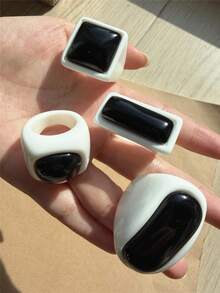 4pcs/Set Vintage Geometric Square Resin Rings, Retro Ring Set, Gift For Friends, Autumn/Winter - Multicolor - View 7