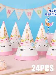 6pcs Unicorn Print Party Hat, Cartoon Cute Headwear For Birthday Party - Multicolor - View 7