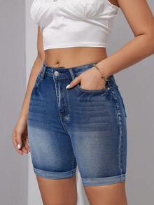 Women High Waist Ripped Denim Shorts For Women Stretch Skinny Knee Length Jeans Shorts  Female Clothing Causal Summer Fold Hem Stretchy Long Denim Shorts 7 Inch Inseam Straight Leg Jean Casual Trouser - 藍色 - 查看 5