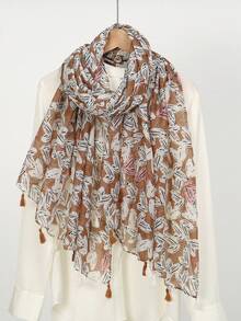 1pc New Heart Print Tassel Decor Shawl Scarf, Sweet Style Lightweight Wrap For Travel & Sun Protection - Multicolor - View 5