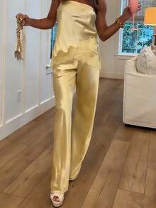 Women's Satin Silk Wide Leg Pants Low Waist Baggy Pants Lounge Bottoms Streetwear - 黃色 - 查看 2