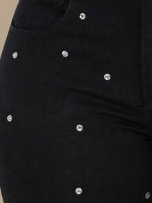 pthirillo Women's Black Flare Jeans With High-Waisted Butt-Lifting Effect And Rhinestone Detail. - 水鑽圓點 - 查看 4