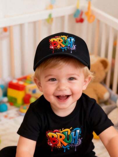 1pc Random Black "BRUH" Graffiti Design Kids Baseball Cap, Essential For Summer Beach Vacation, Valentine's Day Gift, Back To School Sports Cap, Unisex Sun Hat, Infant & Toddler Summer Outfit