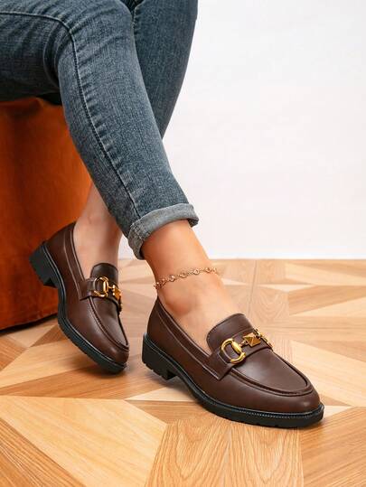 Women's Loafers, Round Toe Metal Buckle Flat Shoes, Outdoor Retro Women's Shoes, Casual College Style Shoes