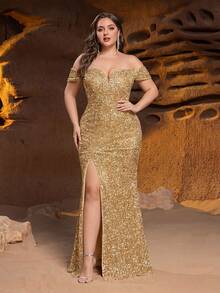 Faeriesty Plus Size Women's Glamorous Off-Shoulder Formal Evening Gown - Stunning Sequin Embellished Long Dress, Daring High Slit And Fitted Silhouette - Perfect For Gala Dinners, New Year Parties, VIP Galas, Red Carpet Premieres And Exclusive Anniversary Celebrations - Champagne - View 3