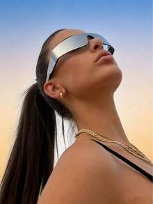 1pc Unisex One-Piece Frameless Future Punk Y2k Style Cycling Sport Fashion Glasses With Mirrored Lens Street Shades Beach Accessories Beach Accessories For Women Glasses Shades For Summer Beach Vacation,Outdoor,Travel - 銀色 - 查看 2