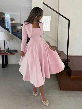 2pcs/Set Elegant Daily Commute Business Refined Date Short Loose Long Sleeve Jacket Top + Suspender Waist Detailed Asymmetrical Hem Maxi Dress, Women Suit, Pink