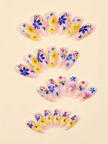 24片杏仁形美甲贴片，春夏蓝色花朵蜜蜂图案，美甲用品，适合日常佩戴 - 彩色 - 查看 3