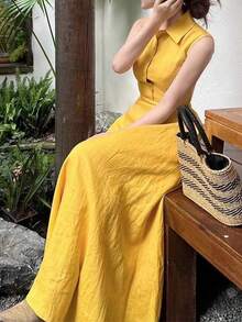 Vestido largo de mujer Vestido sin mangas amarillo de moda, elegante y exclusivo, nuevo en verano, estilo Hong Kong, hermoso vestido largo entallado para mujer - Amarillo - Ver 4