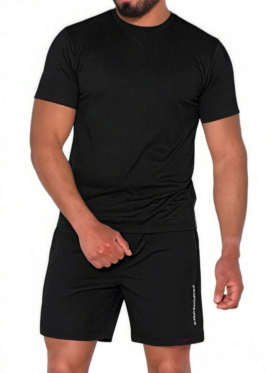 男士短袖运动套装两件套，适合夏季运动、健身、跑步和户外活动 - 超柔软，吸湿排汗，黑色 - 黑色 - 查看 1