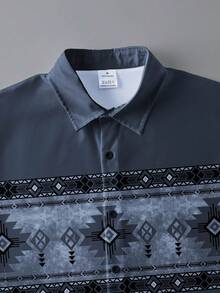 Men's Vintage Western Print Long Sleeve Shirt, Geometric Pattern Casual Collared Single-Breasted Slim Fit Cardigan Shirt - Dark Wash - View 4