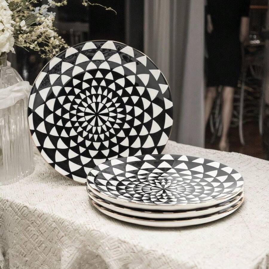 Set Of Four Elegant Black And White Stoneware Dinner Plates With Medallion Pattern - Multicolor - View 1