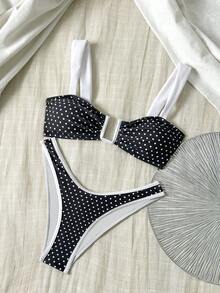 性感黑白波点比基尼套装 | 情人节特惠 | 钢圈加垫上衣 + 高腰泳裤 | 海滩约会和泳池派对度假的完美之选 - 黑與白 - 查看 4