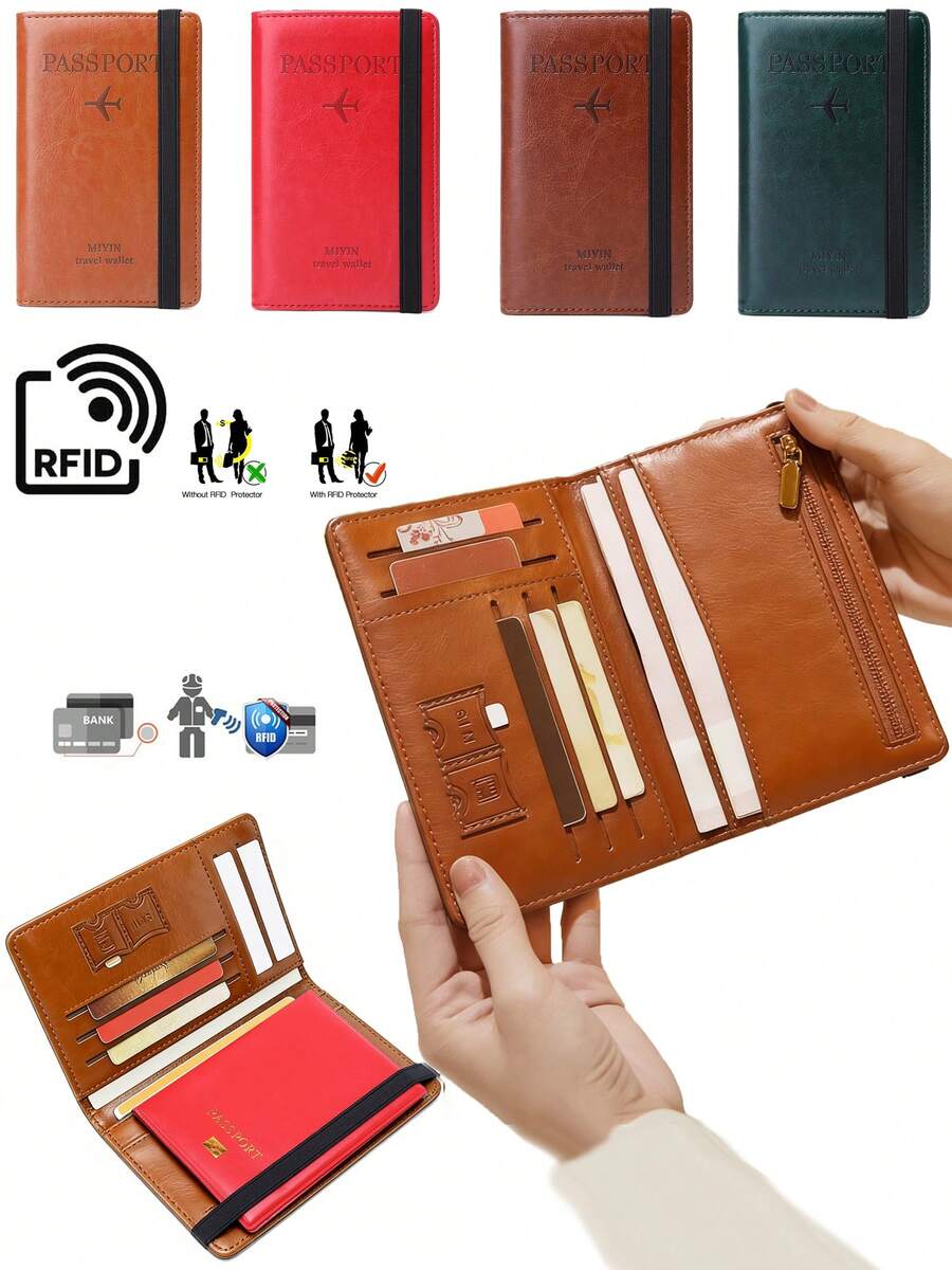 Simple Fashion Oil-Waxed Leather Letter Pattern RFID Blocking Passport Holder Multifunction Portable Travel Wallet Passport Clip Ticket Clip Bank Card Bag Zippered Pocket For Men And Women For Travel Flight Go Abroad For Business, Vacation Accessories For Holiday Season - Multicolor - View 1