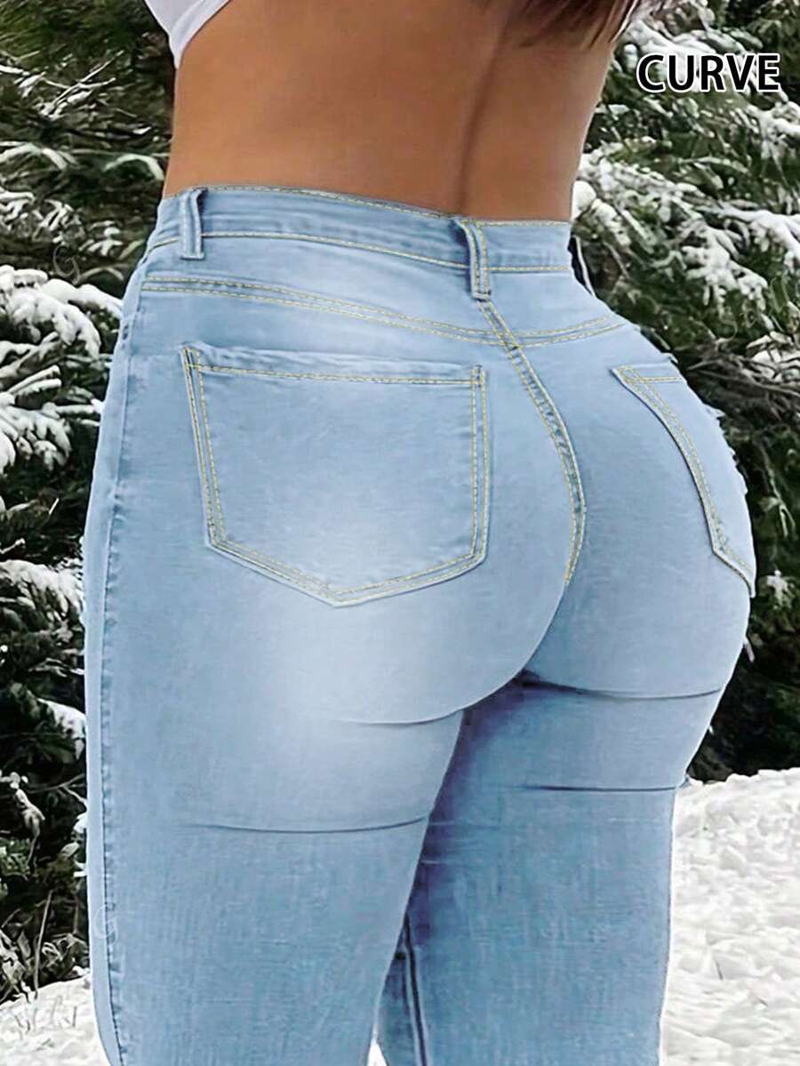 Quần jean skinny màu xanh nhạt cỡ lớn dành cho nữ, quần ôm dáng thường ngày thoải mái. - Rửa nhẹ - Xem 1