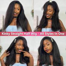 Kinky Straight Half Wig Human Hair 3 In 1 Seamless Flip Over Half Wigs For Women Ready To Go Headband Wig 200% Density Drawstring Kinky Curly Half Wig Glueless Natural Black - Natural Black - 查看 7