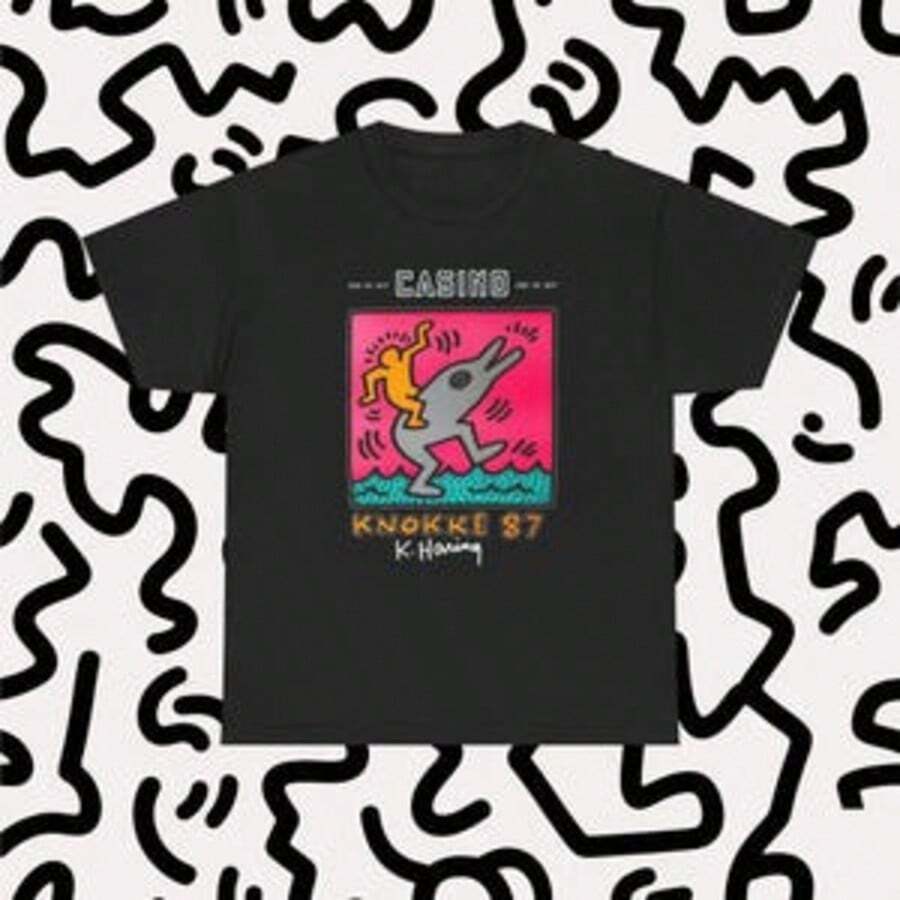 Vintage Keith Haring Knokke 87 Casino Poster Unisex Tee Graphic T-Shirt Retro Art Shirt Cotton Top Streetwear Clothing - màu đen - Xem 1