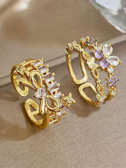 18K镀金防褪色优雅蝴蝶结心形锆石可调节戒指套装，女士复古珠宝，适合情人节、派对、晚宴、日常佩戴、约会、新年、婚礼、海滩、圣诞节、周年纪念日等场合，优雅妈妈礼物，波西米亚风珠宝，生日伴娘礼物，高贵优雅配饰套装