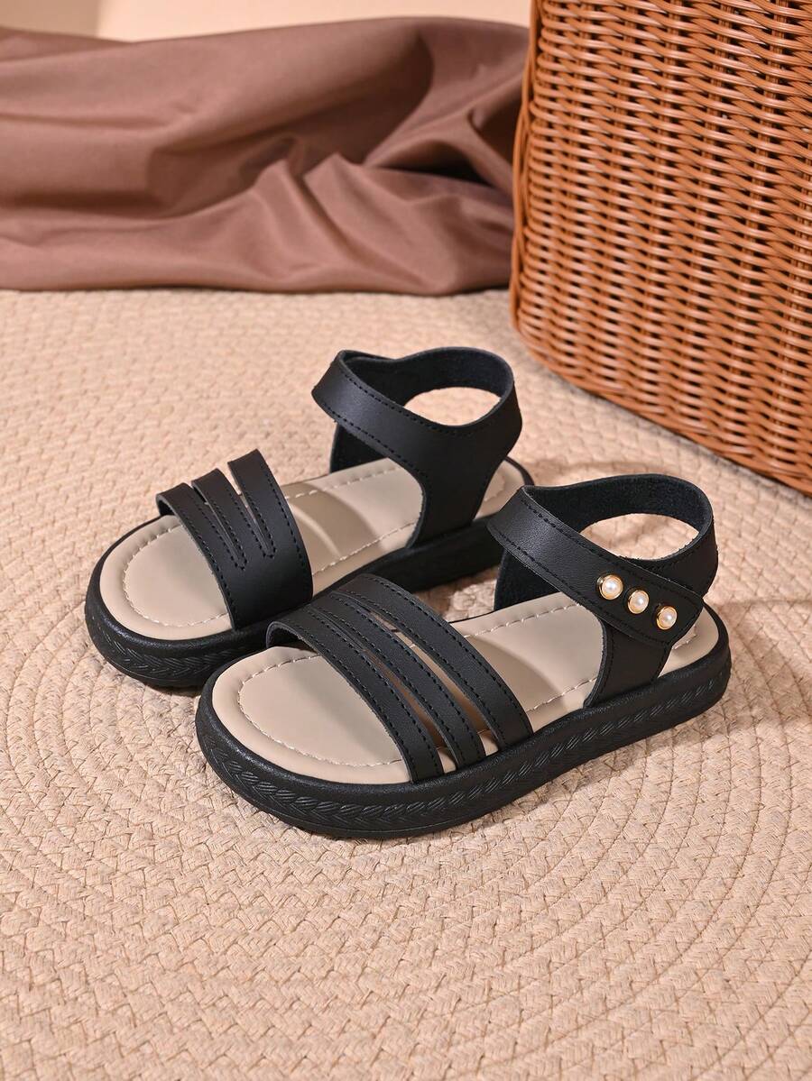 "Toddler Girls Pearl-Accent Strappy Sandals – Adjustable Ankle Strap, Multi-Strap Design, Soft Cushioned Insole, Anti-Slip Sole Stylish Summer Casual Footwear" - Black - View 1