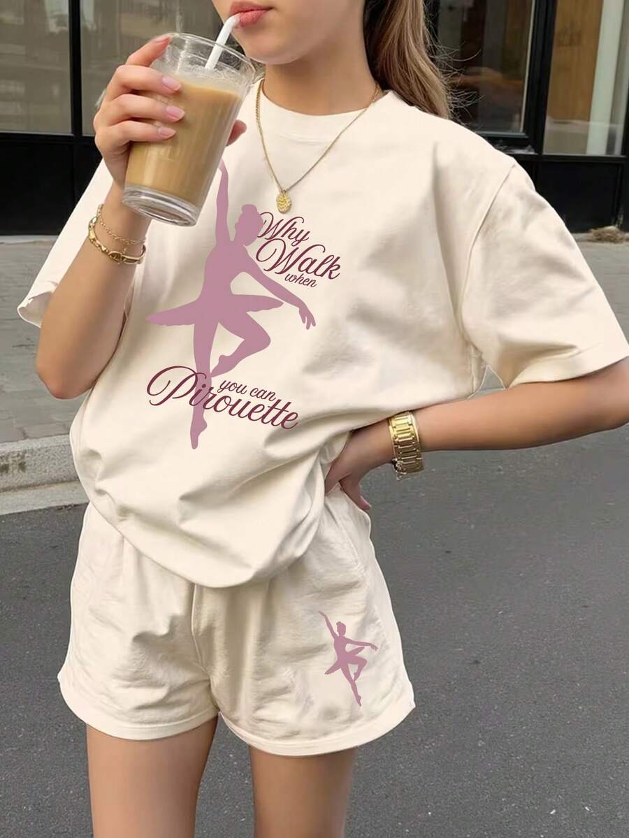 1件女童休闲印花圆领短袖T恤，夏季学生少女服装 - 舞蹈印花T恤为每个孩子带来欢乐和幸福！ - 杏色 - 查看 1