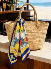 1pc Spring/Summer Beach Accessory, 27.6 Inch Square Silk Scarf, Lemon Print Neckerchief, Suitable For Travel, Beach And Daily Wear - Navy Blue Lemon - View 6
