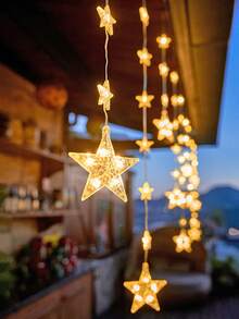 1串2.1米72颗LED星形窗帘灯，电池供电，闪烁灯串，家居装饰LED仙女灯串，适用于房间墙面装饰、卧室装饰、婚礼派对节日装饰、户外花园树木装饰 - 彩色 - 查看 3