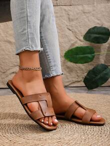 Women's Fashion Flat Square Toe Slip-On Sandals, Versatile For Spring And Summer - Brown - View 4