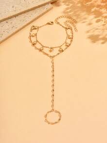 2pcs/Set Classic Handmade Gold Chain Linked Finger Bracelet, Fashion Twist Stick Heart Tassel Handmade Chain Charm Jewelry For Women, Suitable For Daily Wear And Party Occasions. The Handmade Chain Is Customized In Length And Number Of Links/Beads Randomly. - Gold - View 2