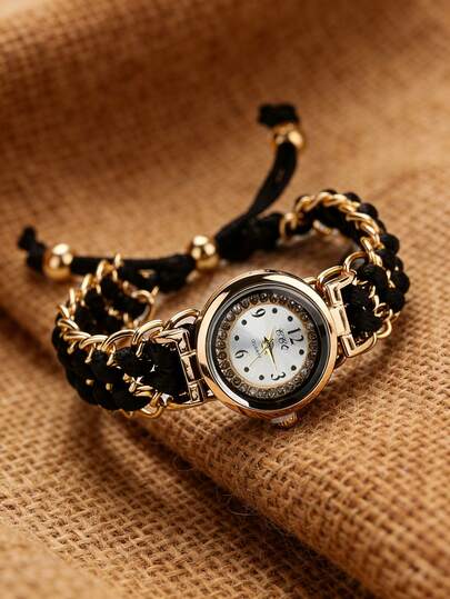 1pc Vintage Compact Unique Rhinestone Design Small Round Dial Quartz Watch, Suitable For Multiple Environments, Online Activities, Festivals, Birthday Gifts, Year-End Promotion