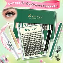 Kit de Extensión de Pestañas DIY KEYYOU - Set Profesional 144 Pestañas Clúster + Adhesivo Profesional, Removedor, Cepillos y Accesorios para Extensiones Seguras en Casa​ - Pestañas Ojos de Gato - Ver 2