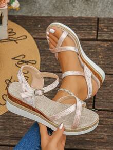 1 Pair Teenage Summer High Heel Sandals, Fashionable Satin Minimalist Strap Comfortable Buckle Casual Suitable For Daily Outing And Vacation, Summer Open Toe Platform Wedge Sandals - Baby Pink - View 2