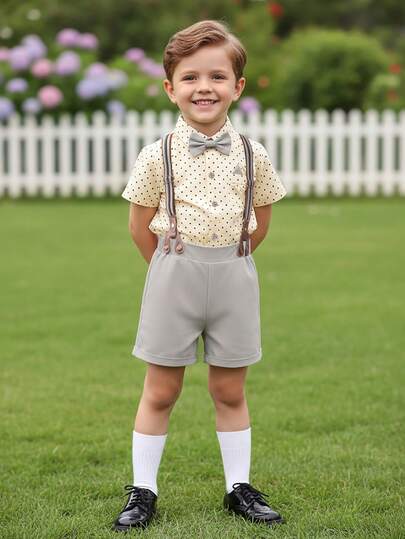 BOARNSEORL 2 piezas Conjunto de caballero para niños pequeños: Camisa de manga corta con cuello y corbata de moño, y pantalones cortos con tirantes grises, elegante y de moda para fiestas de cumpleaños, reuniones familiares, bautizos, pajecito de anillos