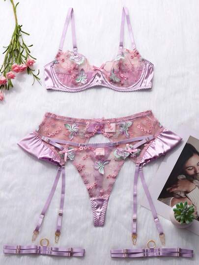 3pcs Sexy Women Embroidered Mesh Camisole Lingerie Set