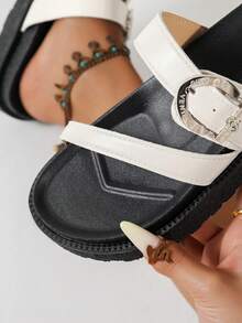 New Fashion Metal Buckle Decor Slip-On Wedge Thick Sole Slippers, Comfortable Non-Slip, Versatile, Suitable For Daily Wear - White - View 9