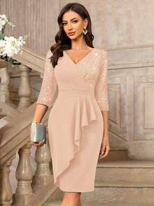 MIUSOL Classic V-Neck Sequin Floral Lace Contrast Ruffle Hem 3/4 Sleeve Bodycon Cocktail Dress Wedding Spring Party - Champagne - View 2