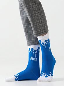 1/5双装男士撞色字母火焰图案个性化艺术设计精梳船袜，适合旅行、居家、办公、节日送礼 - 彩色 - 查看 7