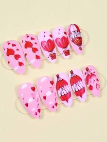 24片情人节红色爱心气球图案美甲贴片，杏仁形，哑光美甲用品，适合日常佩戴 - 彩色 - 查看 2