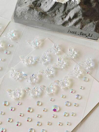 3pcs/Set Girls 3D Butterfly Pearl Rhinestone Self-Adhesive Hair Accessories With Hook And Loop, Suitable For Makeup, DIY, Performance, Party