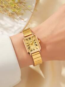 1pc Shiny Glamorous Square Dial Girl's Quartz Watch, Seamless Transition Between Business And Casual, Birthday Gift / Holiday Gift - Gold - View 7