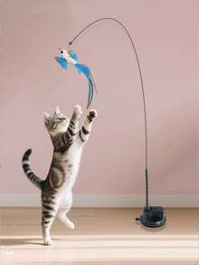1/3pcs Feather Cat Teaser Wand With Powerful Suction Cup, Strong Suction, Pet Feather Bell Replacement, Firmly Attached To Floor, Interactive Cat Toy, Suitable For Indoor Play And Exercise, No Battery Required - Blue - View 3